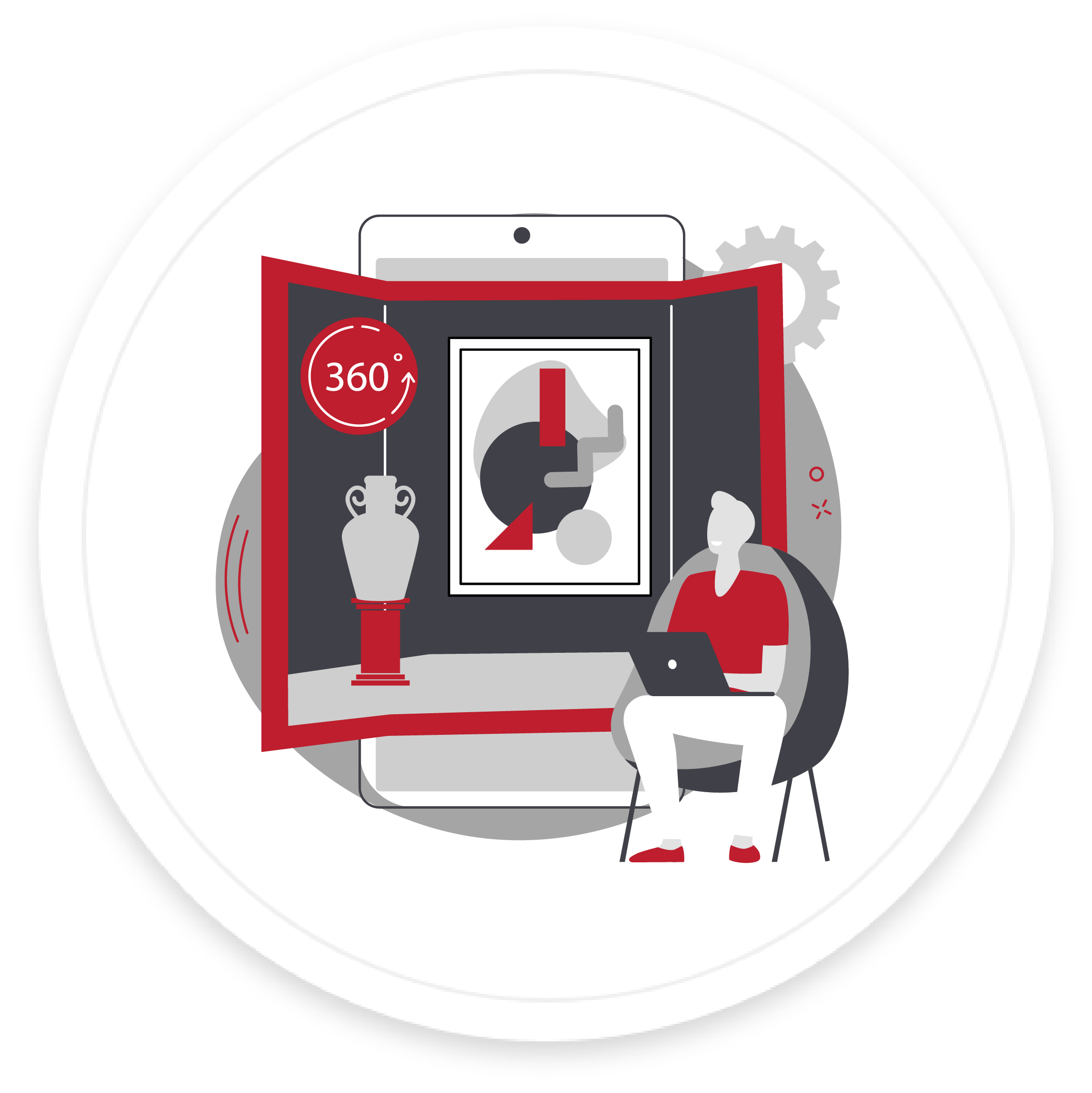 Illustration of a person with a disability in front of a smartphone that is relaying 360 degree accessibility.