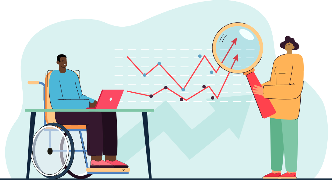 Illustration of people working. One person is in a wheelchair.