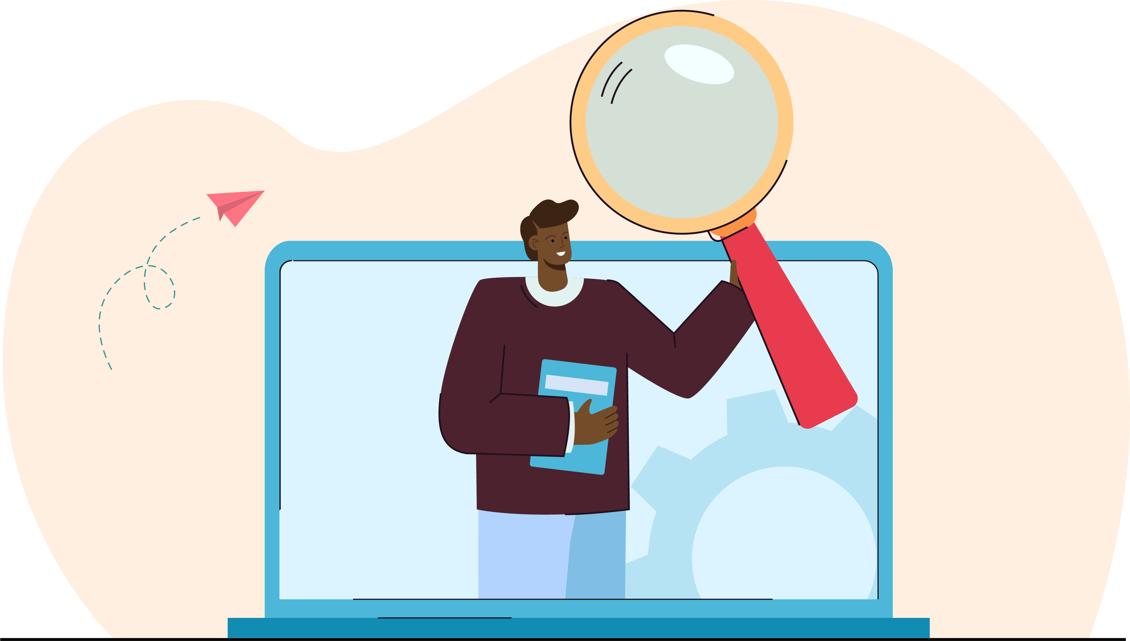 An illustrated image of a person with a disability looking at a computer screen that has magnifying options to make it easier to interact with and understand.