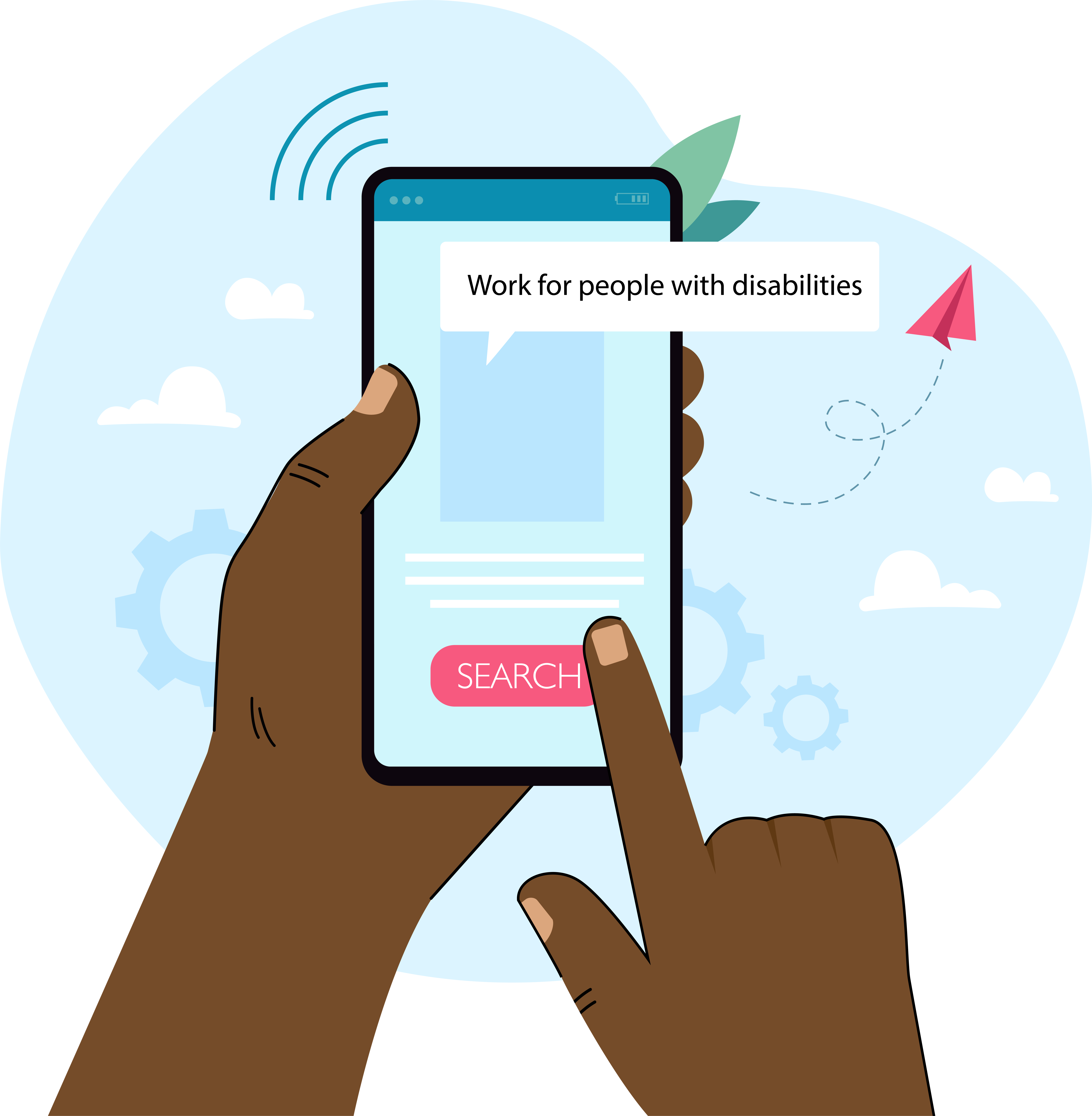 Illustration of hands holding a smartphone that reads "work for people with disabilities"